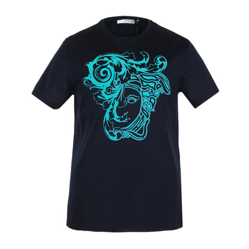 范思哲 男士 服装 深蓝色美杜莎印花图案圆领棉质t恤 男士短袖t恤