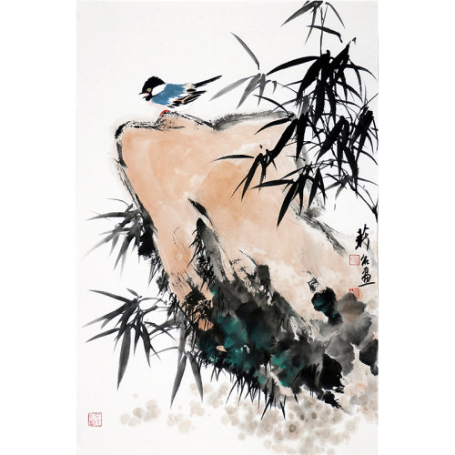 国画花鸟《静听图》/45x68cm/传统水墨