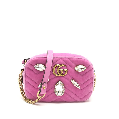 gucci(古驰) gg marmont系列粉色绒面水钻斜挎包