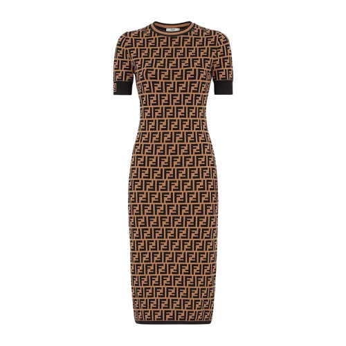【包税】fendi/芬迪 女士深灰色粘胶纤维ff图案圆领短袖罗纹边连衣裙