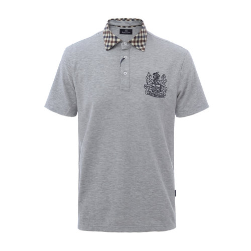 aquascutum/雅格狮丹 翻领棉质格纹领口胸前印花图案男士短polo 短袖