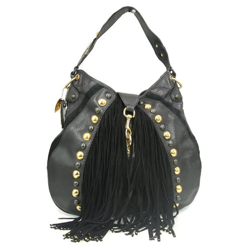 gucci/古驰黑色皮质流苏包 单肩手提包女包【二手ab级】