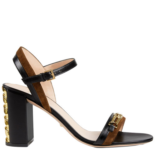 【包税】gucci/古驰 21年春夏新款 女士黑色皮革和棕色饰面链条凉鞋