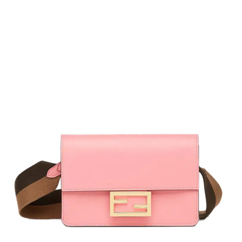 fendi/芬迪 女士粉色小牛皮经典双f金属字母徽标搭扣单肩包斜挎包法棍