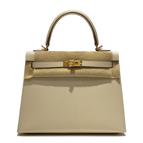 hermes/爱马仕 kelly25 奶昔白 金扣 epsom牛皮 z刻手提包