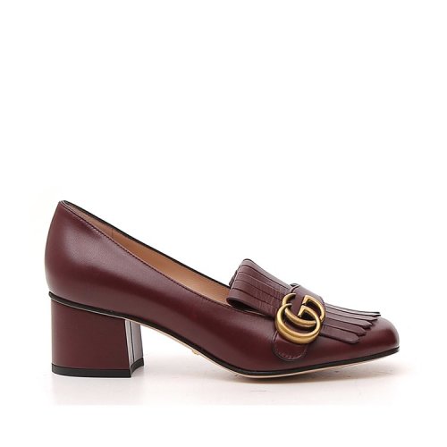 【包邮包税】gucci/古驰 古琦女鞋 女士酒红色皮革时尚圆头中跟鞋