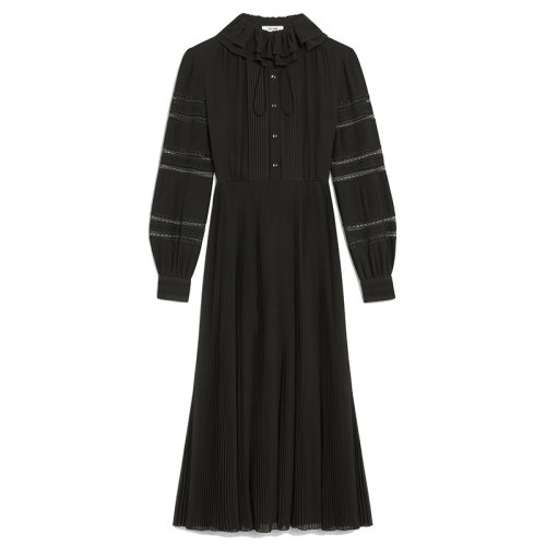 【包税】celine/赛琳 21春夏新款 女士黑色真丝褶皱蕾丝饰边连衣裙2