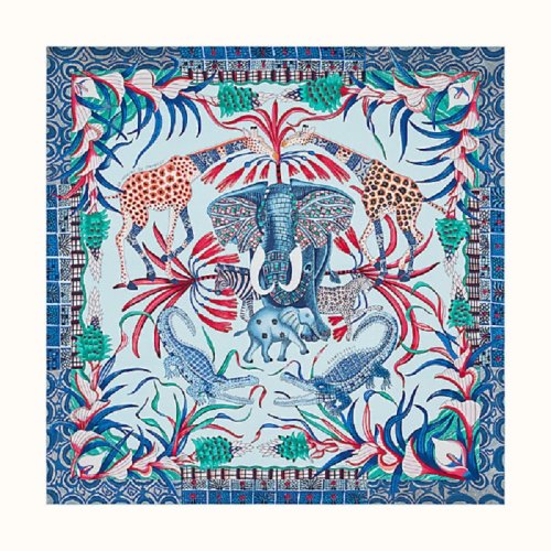 hermes/爱马仕 90*90cm 绿色/蓝色 赞比西河的庆典图案丝巾方巾围巾