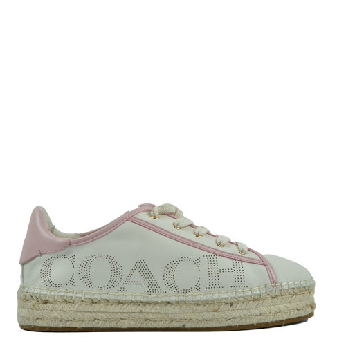 瑕疵折扣coach/蔻驰 女士米白粉拼色皮质草编侧跟休闲板鞋g4880