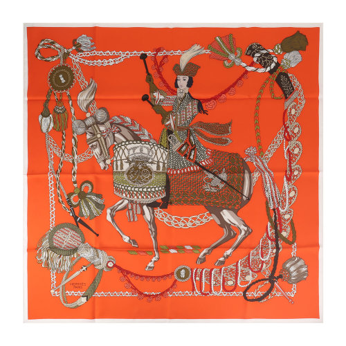 【hermes爱马仕 丝巾】hermes(爱马仕) 橘色"定音鼓手"印花丝巾90cm 