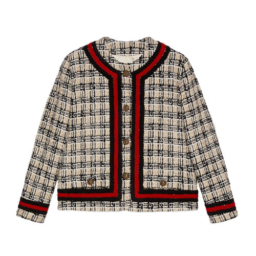 【包税】gucci/古驰21年秋冬新款女士米色黑色方形g格纹花呢夹克6522