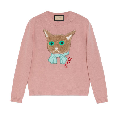 【包税】gucci/古驰21年秋冬新款女士粉色gucci猫咪贴饰羊毛圆领毛衣