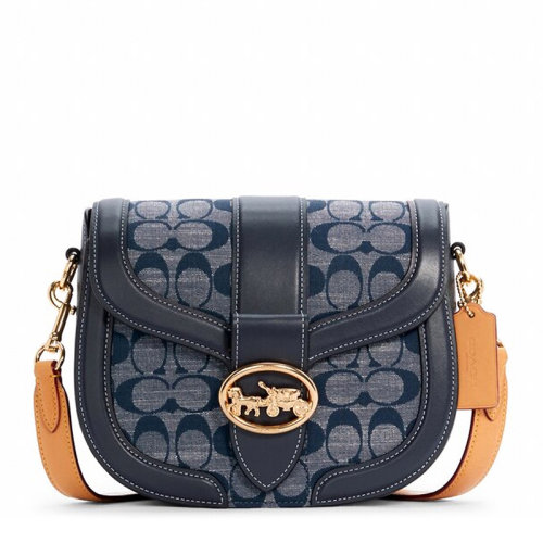 【包税 现货】coach/蔻驰 女士拼色c纹印花金属马车锁扣单肩包马鞍包