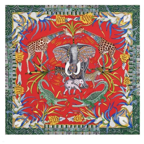 hermes/爱马仕 90*90cm 绿色/蓝色 赞比西河的庆典图案丝巾方巾围巾