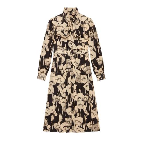 【包邮包税】 gucci古驰 21年春夏 女士 罂粟花*w*印花棉麻连衣裙