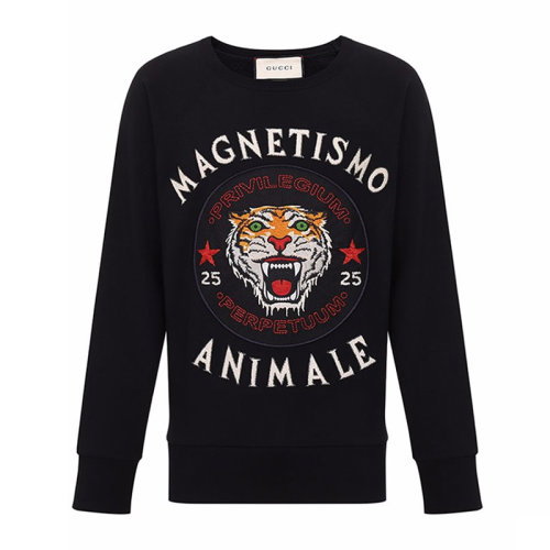 gucci/古驰 男士黑色棉质经典字母徽标虎头印花装饰圆领长袖上衣卫衣