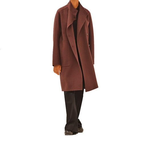 hermes/爱马仕 21年秋冬新款 女士棕色双面波浪形羊绒双排扣大衣h1e