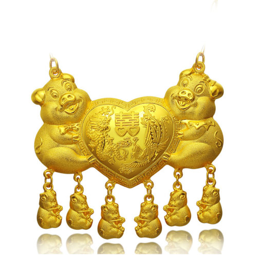 cnuti/粤通国际珠宝 黄金结婚足金项链吊坠 金猪牌挂坠 婚庆首饰 8.