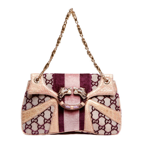 gucci(古琦)紫色条绒双龙头配皮女士单肩包