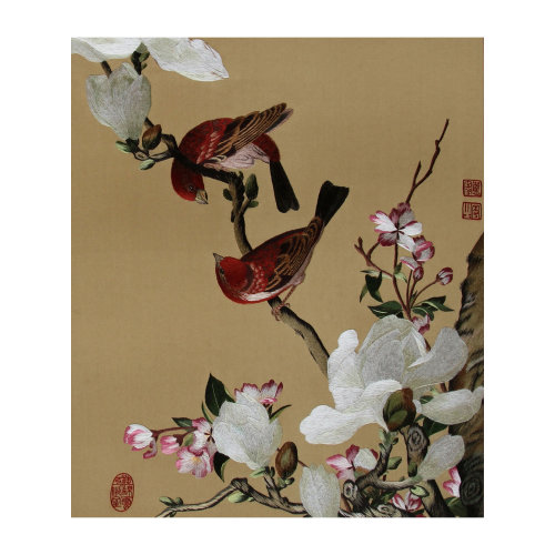 苏绣刺绣精品:海棠玉兰花 南通沈绣 非遗传承人 艺术大师作品 纯手工