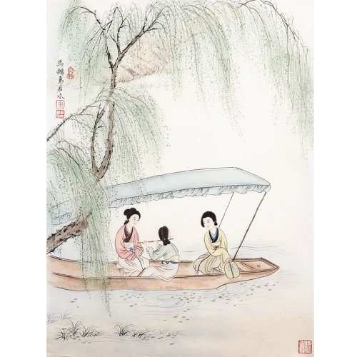马若水《泛舟湖上》传统水墨 工笔人物