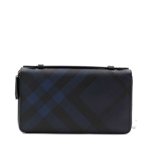 burberry/博柏利london经典格系列拉链开合蓝黑色pvc男士时尚手拿包