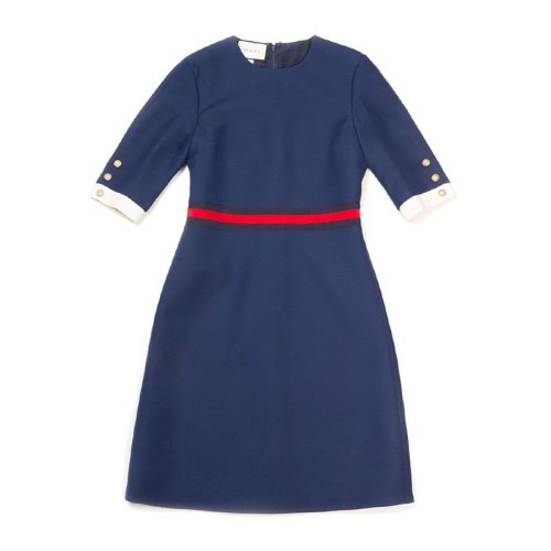 【包税】gucci/古驰 【18新品】女士蓝色羊绒真丝gg珍珠纽扣修身