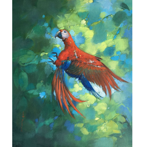 王坤龙《枝头鹦鹉》布面油画