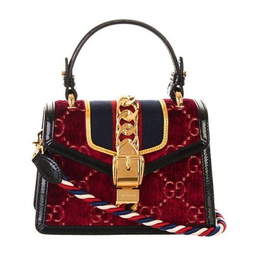 gucci/古驰 18秋冬sylvie系列女士 红色丝绒天鹅绒手提包单肩包470270