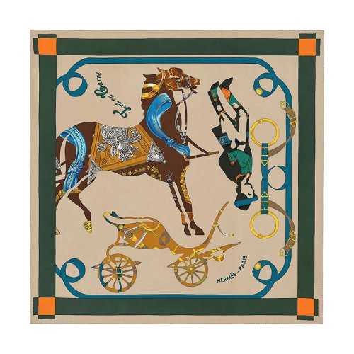hermes/爱马仕 "侍童与马车"140厘米方巾 大象灰/绿色/青铜色 h672320