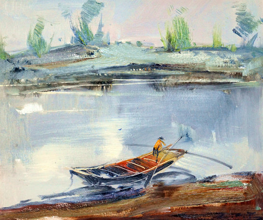 左峰义《小船人家》油画
