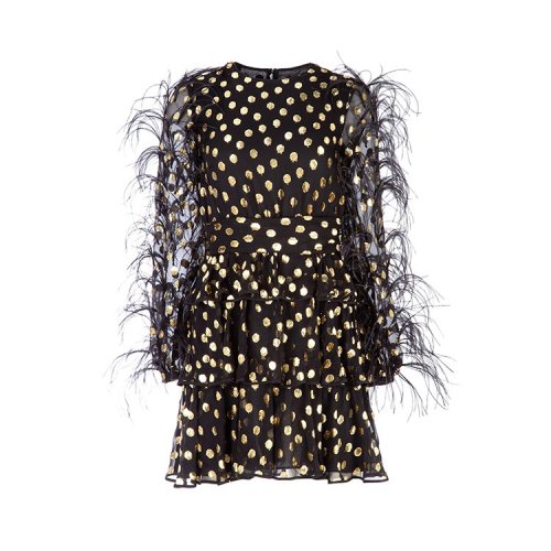 华伦天奴/valentino 18年秋冬 长袖 碎花 女性 流苏 黑色 女士连衣裙