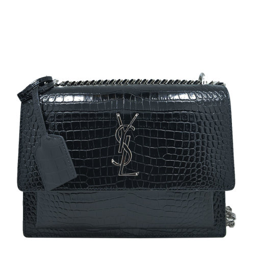 yves saint laurent/圣罗兰 女士黑色鳄鱼皮压纹牛皮 sunset monogram