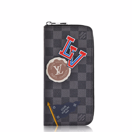 louis vuitton/路易威登 新款男士黑灰棋盘格拉链长款钱包,帆布/配皮