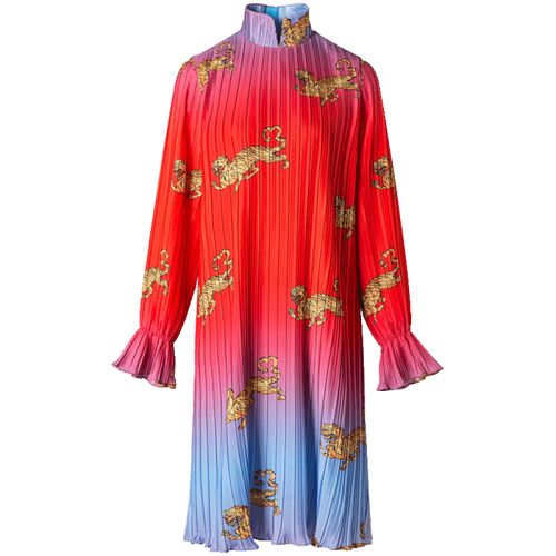 【designerwomenwear】mukzin/密扇旗袍领连衣裙丹红色渐变百褶长裙