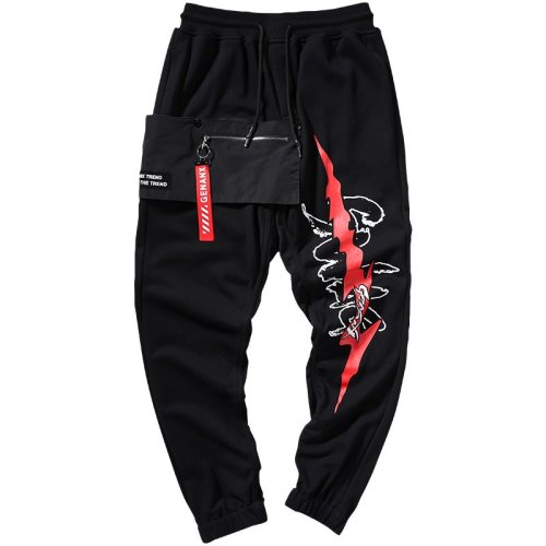 genanx/闪电潮牌裤子男中高腰松紧带街舞嘻哈印花男休闲裤设计师潮牌