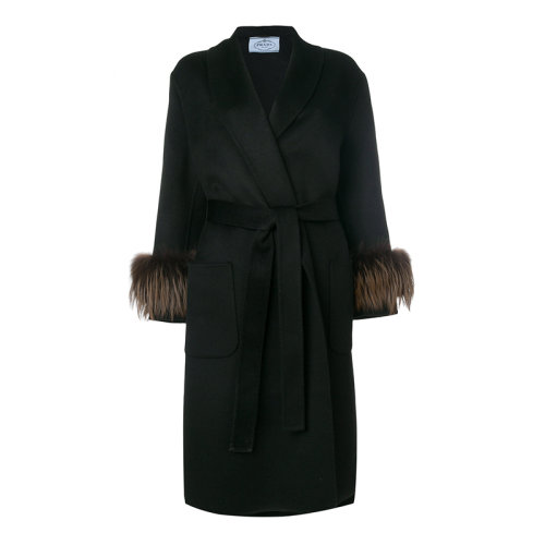 prada/普拉达 棕色狐狸毛袖羊绒黑色大衣 p617gp x9p f0b2a