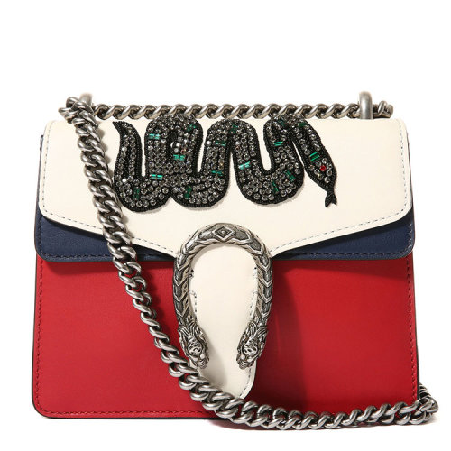 gucci(古驰) 白/红/蓝拼色蛇图案刺绣镶水钻单肩包 酒神ch