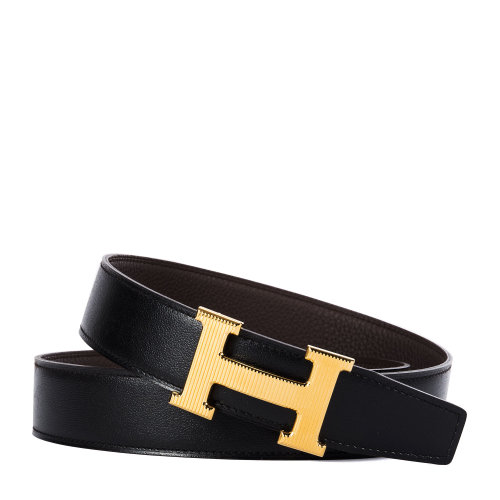 hermes(爱马仕) #黑/巧克力两面皮质金h扣腰带 95