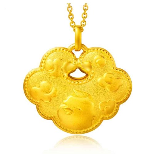 chow tai fook/周大福 预售生肖鸡 如意祥云长命锁金锁 足金黄金吊坠