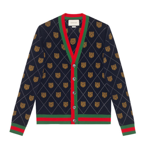 gucci/古驰 男士针织衫/毛衣羊毛拼色愤怒猫格子 474319-x1464-4036-0