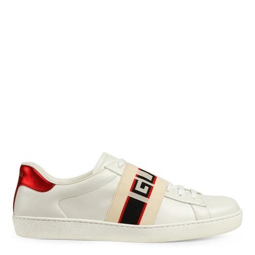 gucci/古驰19春夏新款 ace 男士白色皮革条纹绷带休闲