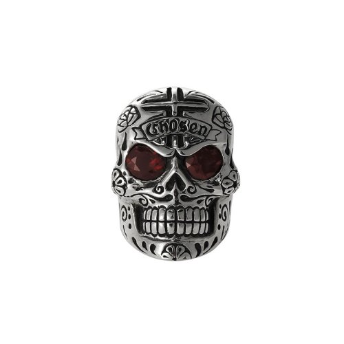 kingbaby/kingbaby大号石榴石眼珠"chosen"字样骷髅戒指k20-5304 银色