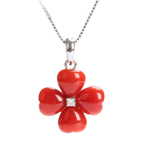 wenli/雯莉珠宝 珊瑚挂坠 阿卡级红珊瑚配18k金镶嵌钻石四叶草吊坠