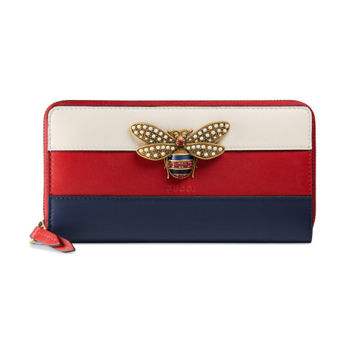 【包税】gucci/古驰【18春夏】女士白红蓝牛皮拼色金属蜜蜂扣长宽拉链