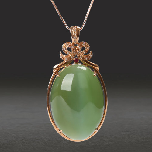 xiyuan/惜缘珠宝 玉石翡翠项饰 和田玉女款18k金镶碧玉猫眼大蛋面吊坠