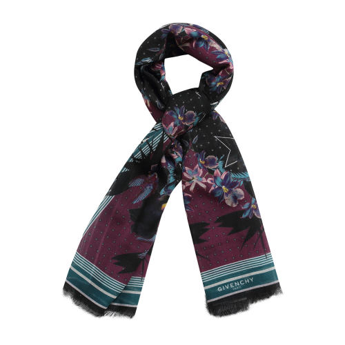 givenchy/纪梵希 女士紫红色底拼绿边花朵星星印花长方形丝巾 gw7020