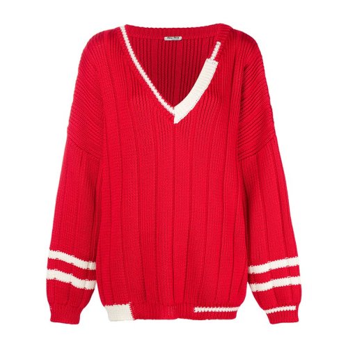 miumiu/缪缪 18秋冬 女士深v领红色毛衣 mml106/1rncf0011