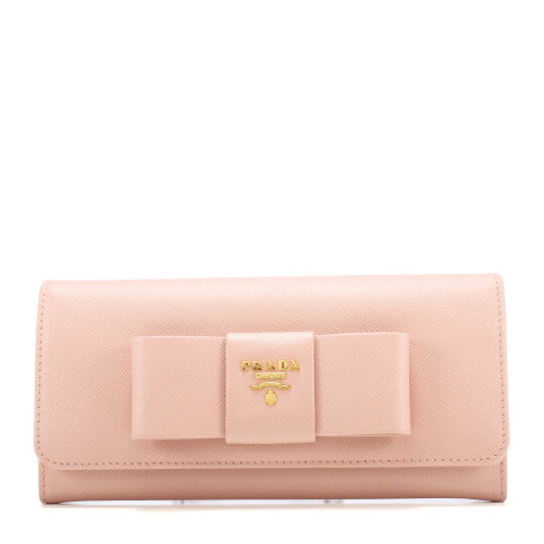 【prada普拉达 钱包】prada(普拉达) 粉色皮质蝴蝶结长款按扣钱夹