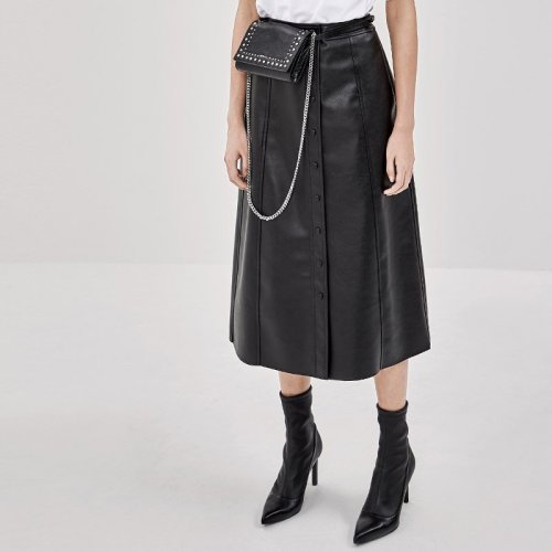 摩安珂女士半身裙moco2018秋季新品竖排纽扣a字pu皮